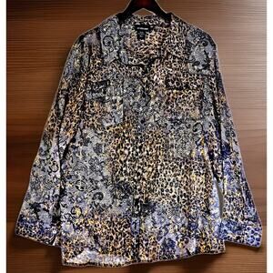 Lane Bryant Sheer Blouse Metallic Gold Black Brown Animal Print Top Size 22/24